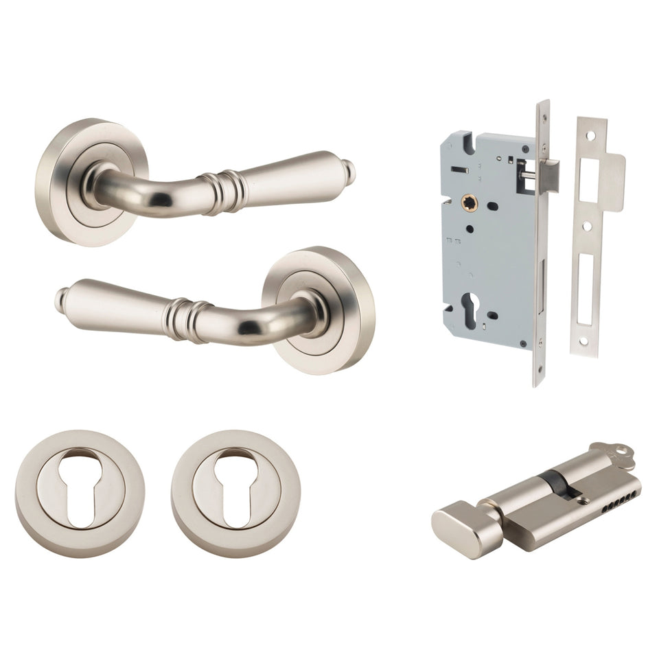 Iver Sarlat Lever Round Rose Entrance Kit with Separate High Security Lock Satin Nickel