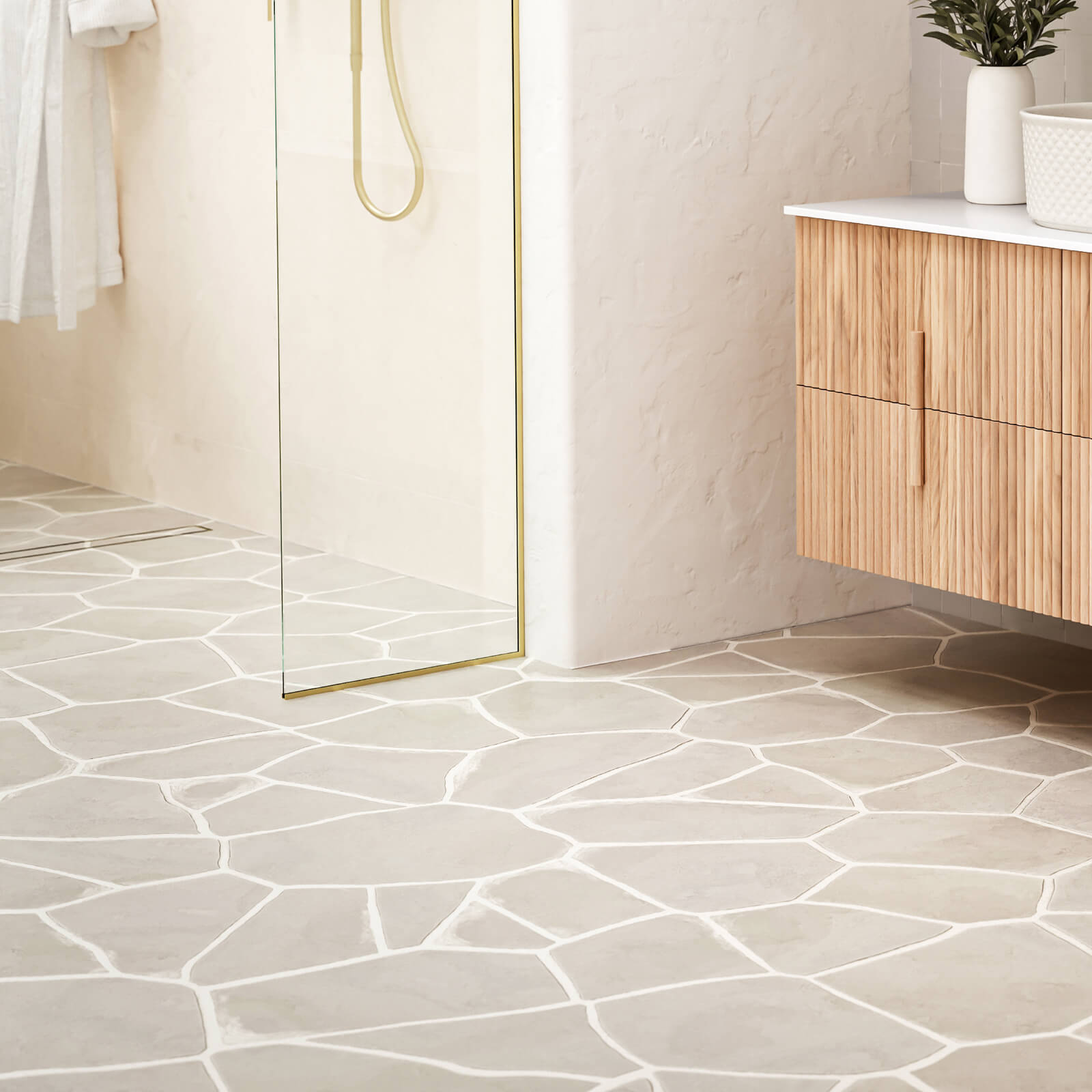 Ivory Valerie Travertine Tile P4 Tech Grip Porcelain Crazy Pave  | The Blue Space