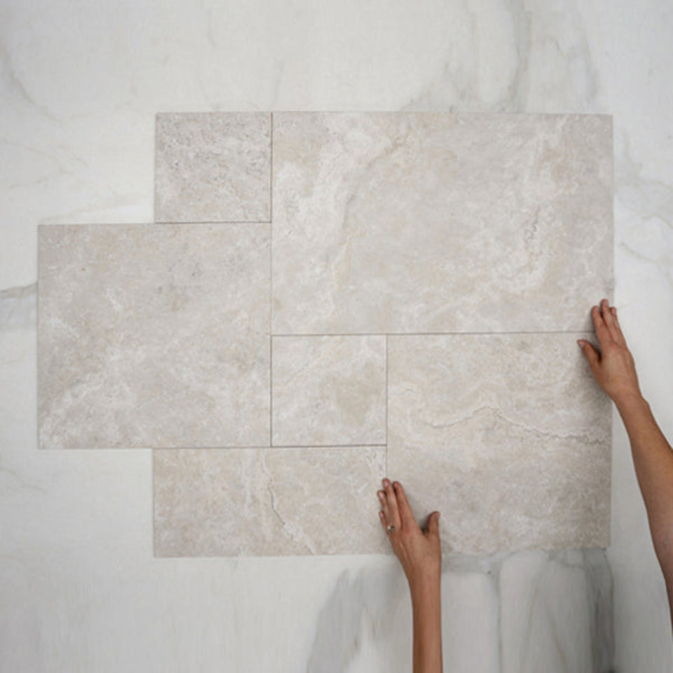 Ivory Valerie Travertine Tile P4 Tech Grip Porcelain French Pattern