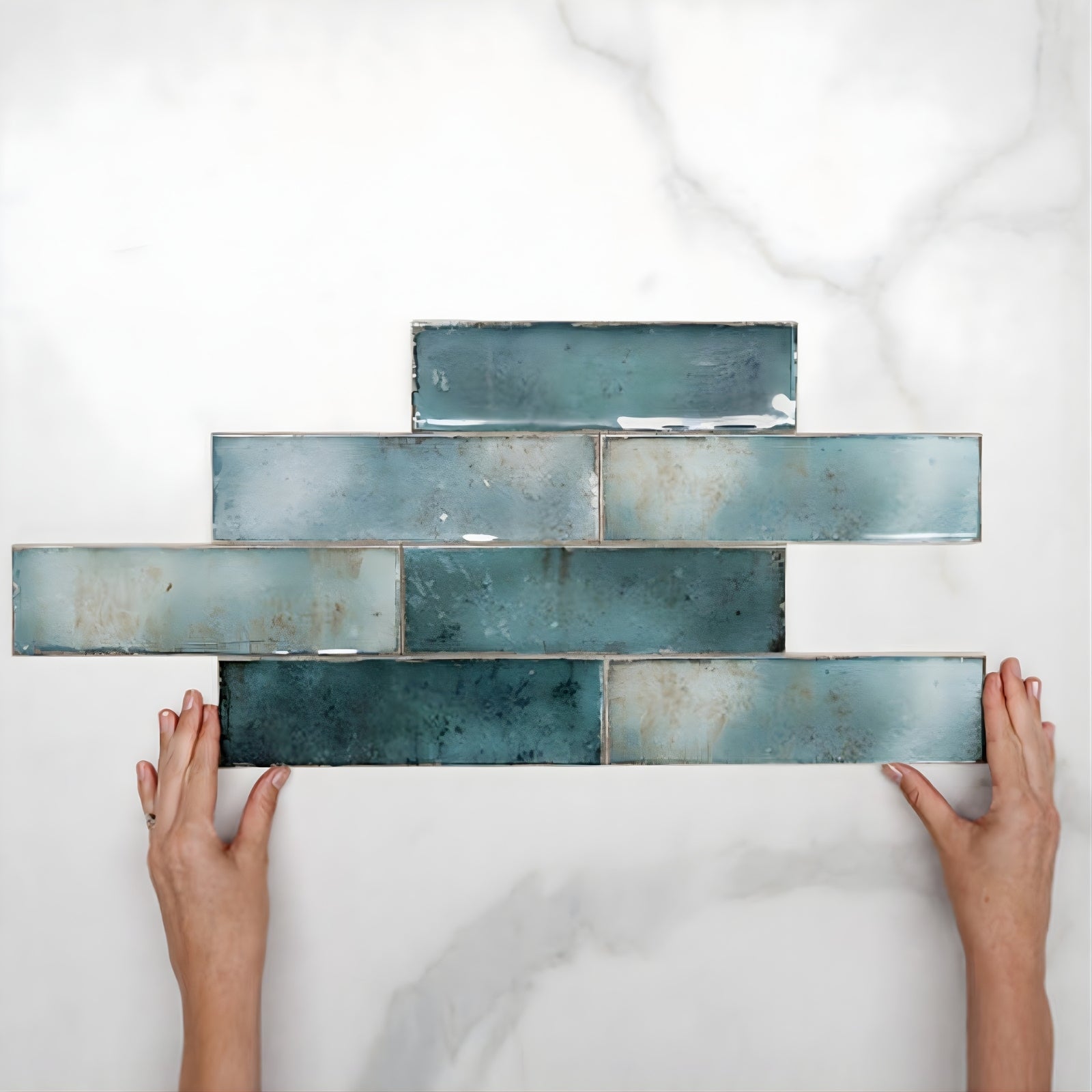 Pattern With Hand Jade Green Leon Spanish Subway Tile Gloss 69 x 240mm Ceramic  | The Blue Space