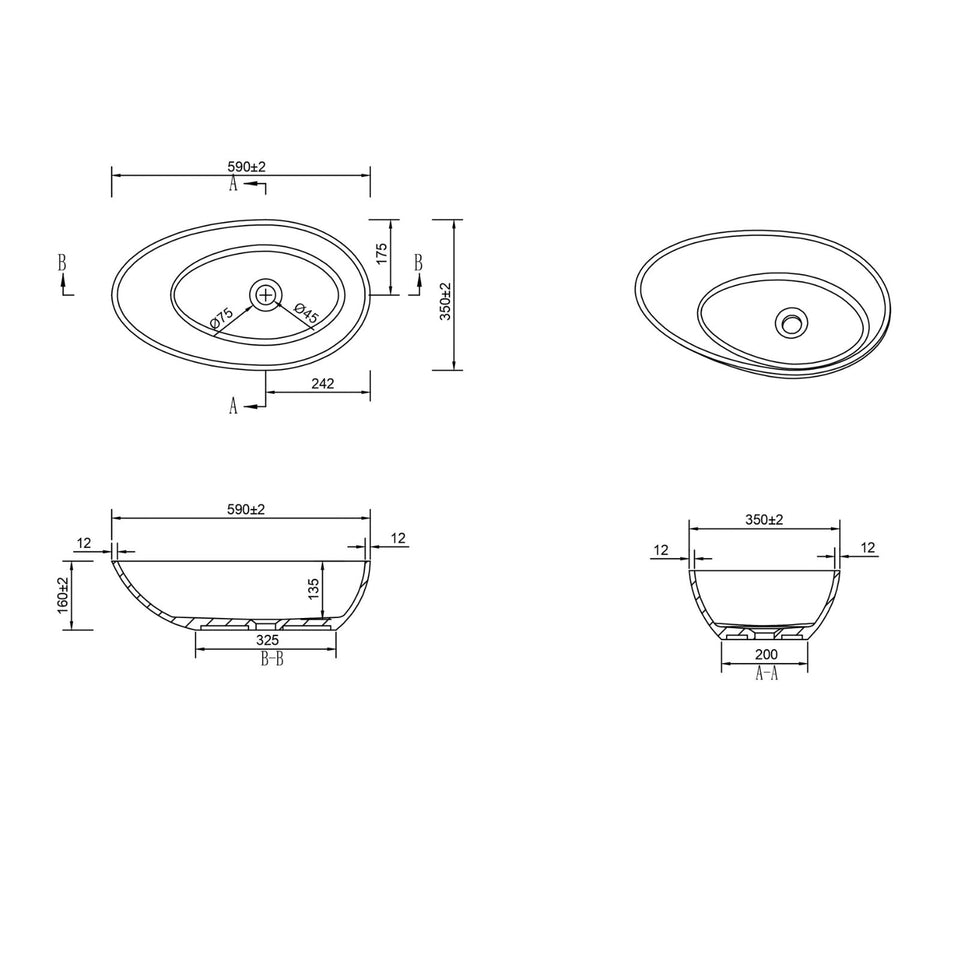 Kaskade Barcelona Benchtop Egg Stone Basin Matte White 590mm