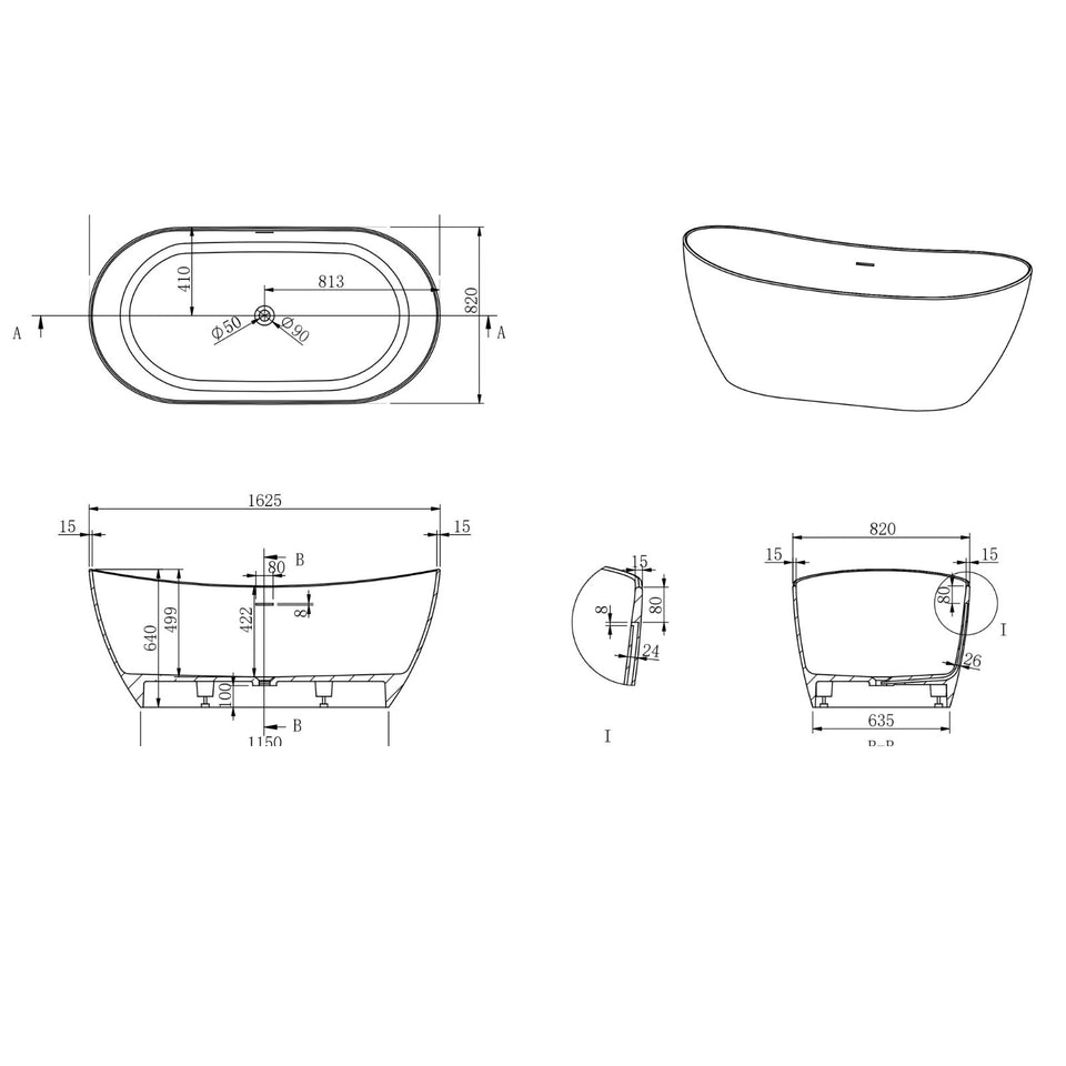 Kaskade Diane Freestanding Oval Stone Bath Matte White 1625mm