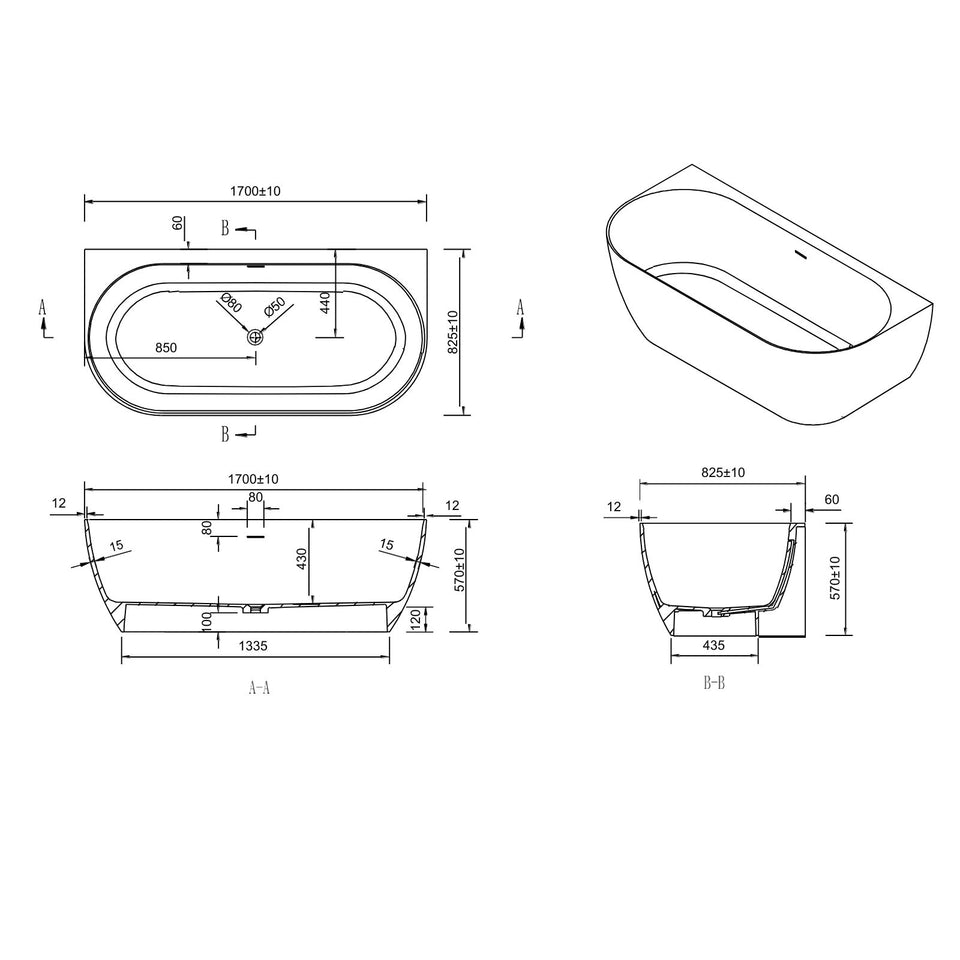 Kaskade Eleni VX105-1700 Back to Wall Stone Bath with Overflow