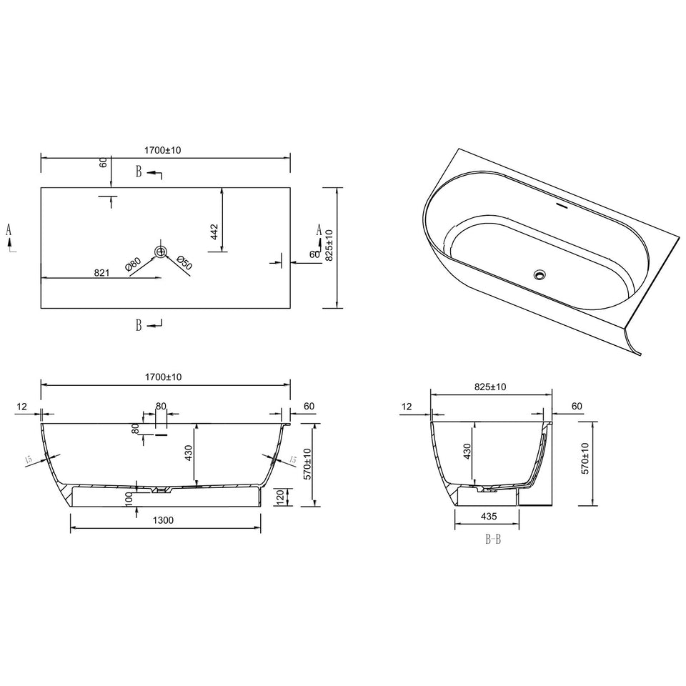 Kaskade Eleni VX106-1700 Corner Back to Wall Stone Bath Right Hand with Overflow