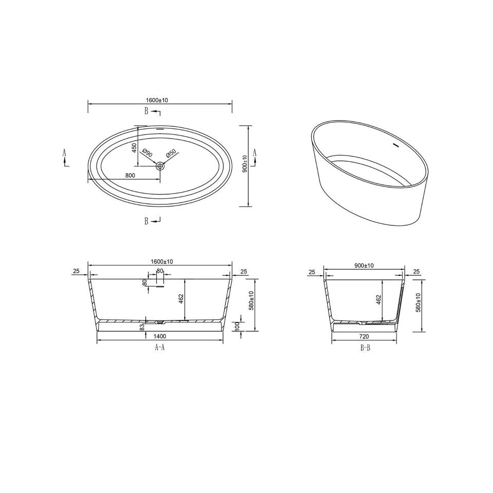 Kaskade Lyka Freestanding Oval Stone Bath Matte White 1600mm