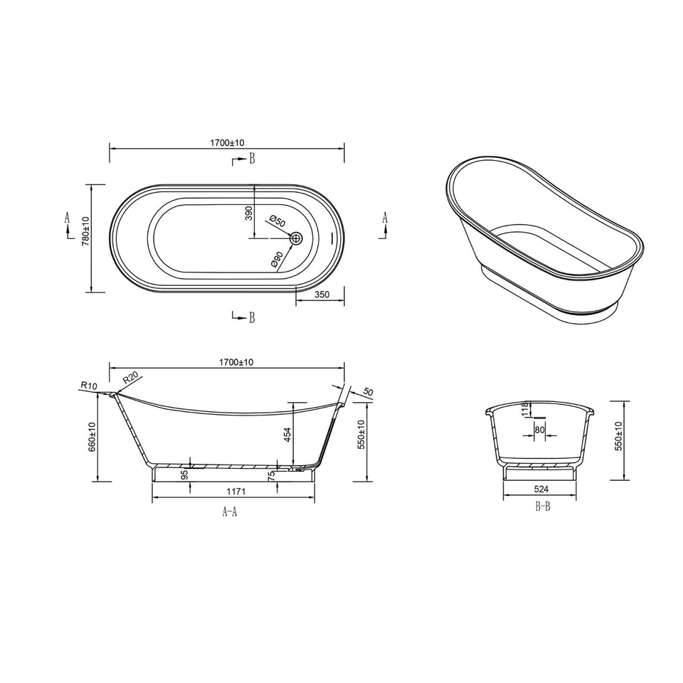 Kaskade Naomi Freestanding Slipper Stone Bath Matte White 1700mm