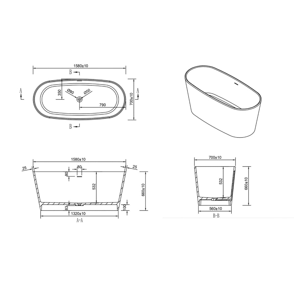 Kaskade Soaker Freestanding Stone Bath Matte White 1580mm