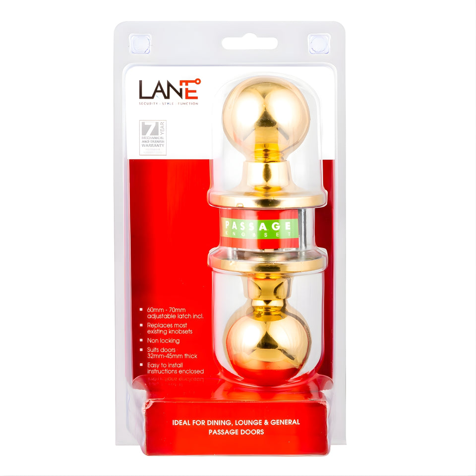 Lane Bala Passage Knob Door Handle Set On Round Rosette Polished Brass