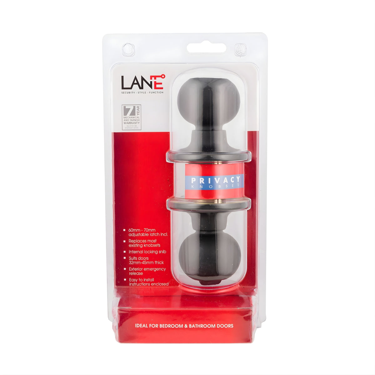 PAckage Lane Bala Privacy Knob Door Handle Set Round Rosette Matte Black L998926 - The Blue Space