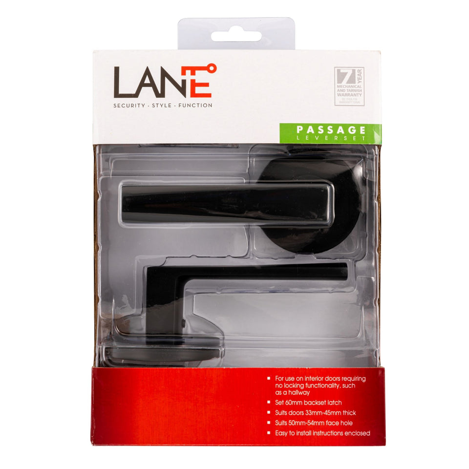 Lane Oxford Passage Lever Door Handle Set On Round Rosette Matte Black