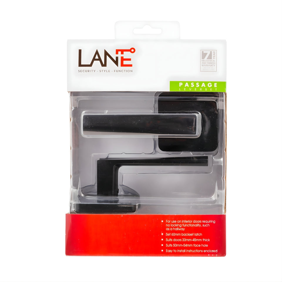 Lane Oxford Passage Lever Door Handle Set On Square Rosette Matte Black