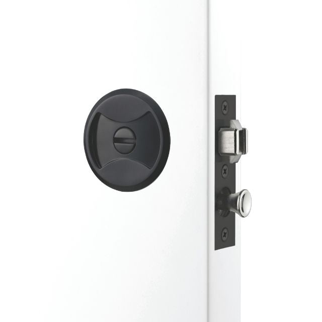 Lockwood Symmetry Round Cavity Sliding Door Privacy Set Matte Black Dp