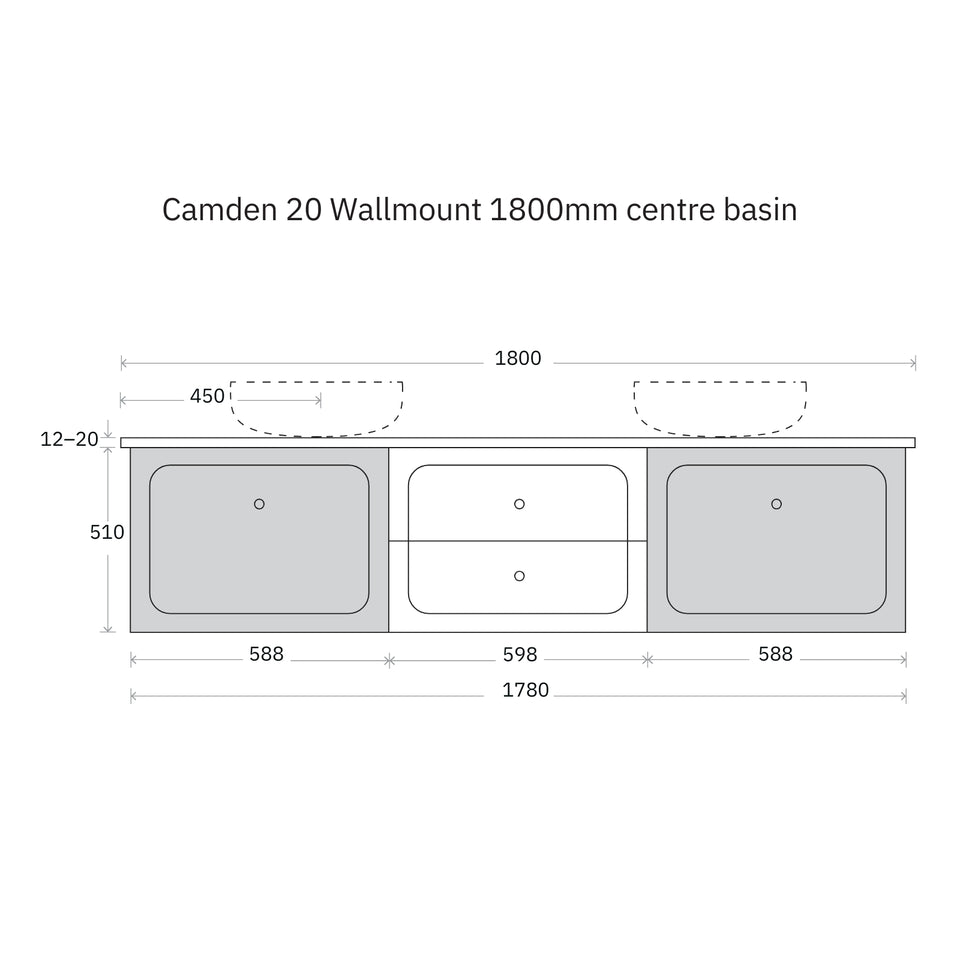 Marquis Camden Wall Hung Vanity with Caesarstone, Vasari or Dekton Top