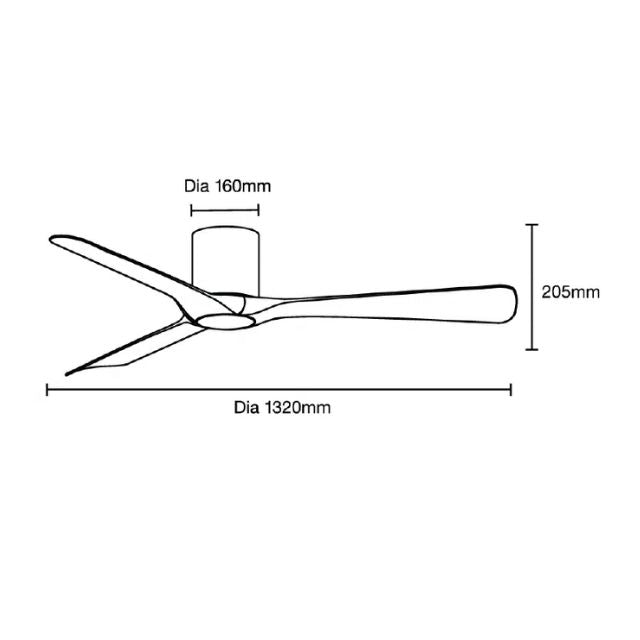 Line Drawing Martec Fresno DC 1320mm Hugger Ceiling Fan Matt Black MFDC133M - The Blue Space