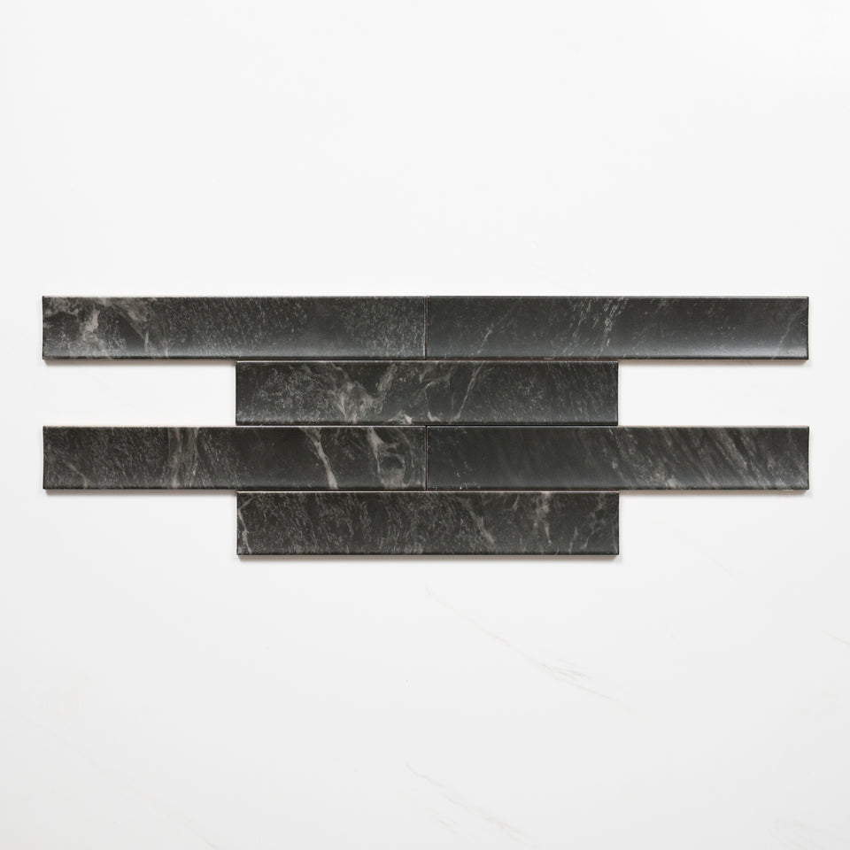 Matrix Black Marble Look Satin Porcelain Concave Subway Tile 50mm x 300mm
