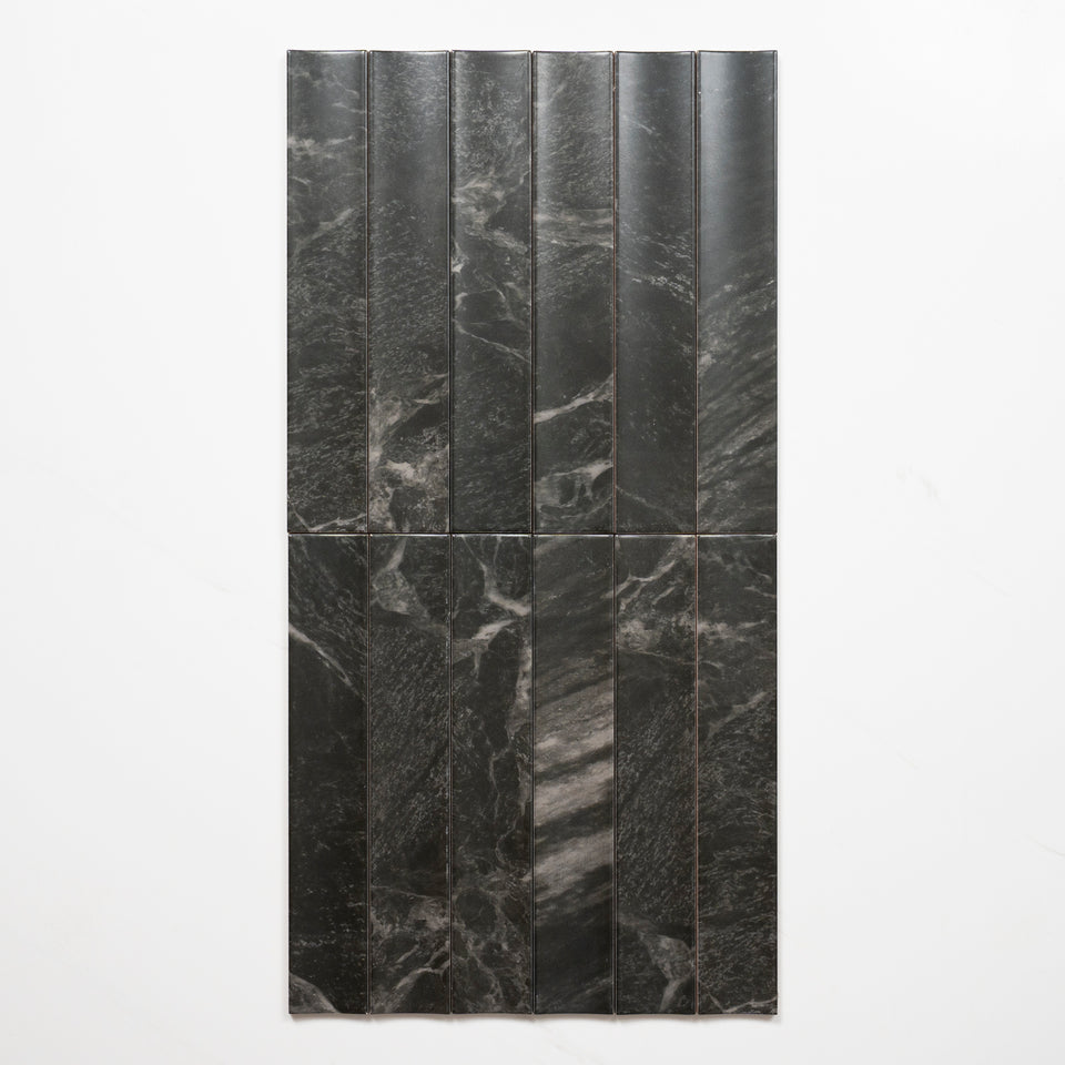 Matrix Black Marble Look Satin Porcelain Concave Subway Tile 50mm x 300mm