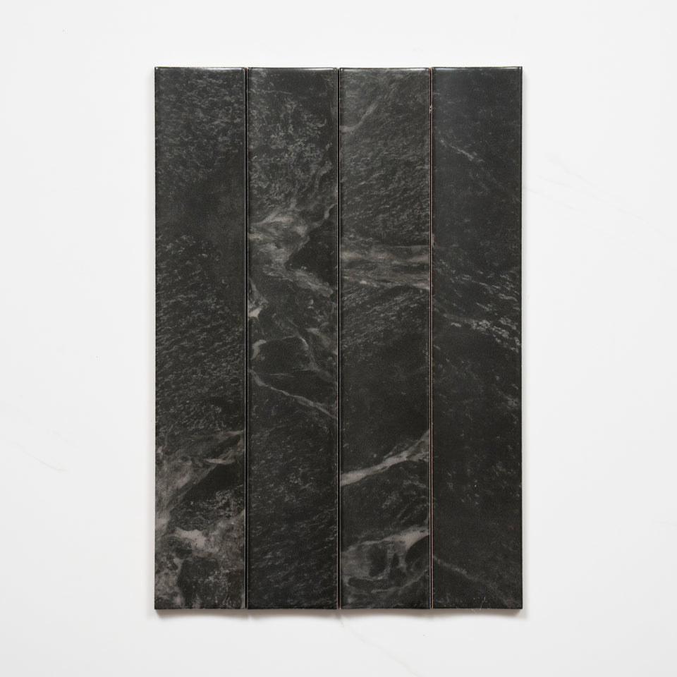 Matrix Black Marble Look Satin Porcelain Concave Subway Tile 50mm x 300mm