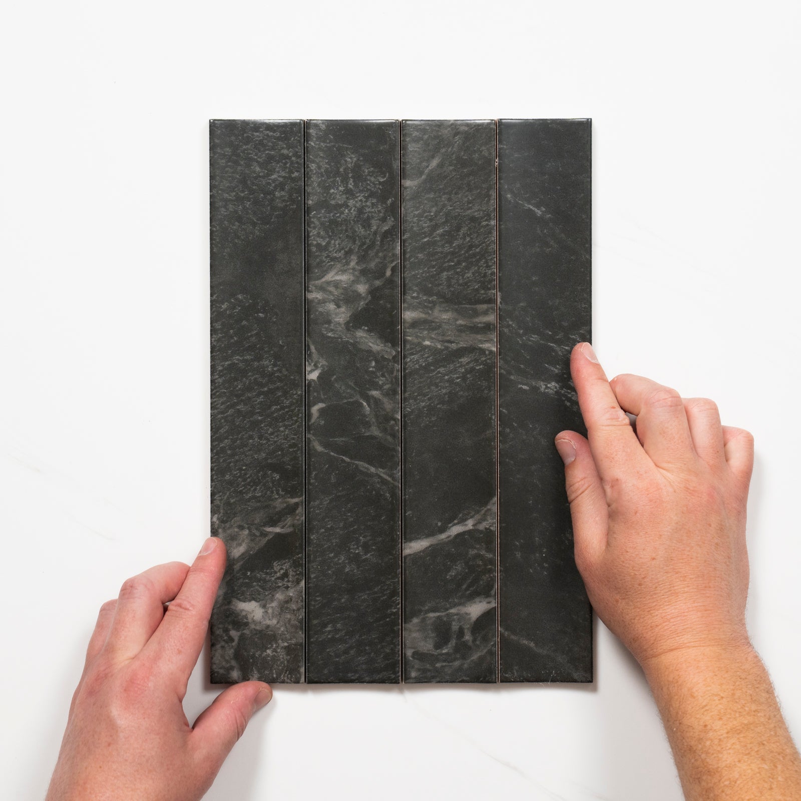 Pattern with Hand Matrix Black Marble Look Satin Porcelain Concave Subway Tile 50mm x 300mm AMIBKS13 - The Blue Space