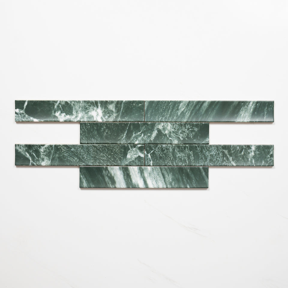 Matrix Green Marble Look Satin Porcelain Concave Subway Tile 50mm x 300mm