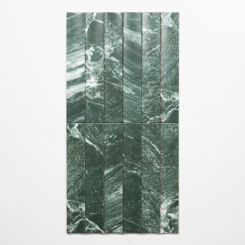 Matrix Green Marble Look Satin Porcelain Concave Subway Tile 50mm x 300mm