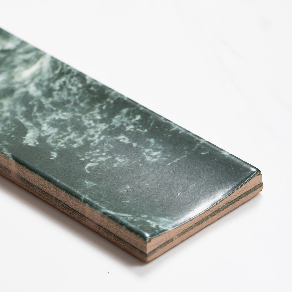 Matrix Green Marble Look Satin Porcelain Concave Subway Tile 50mm x 300mm