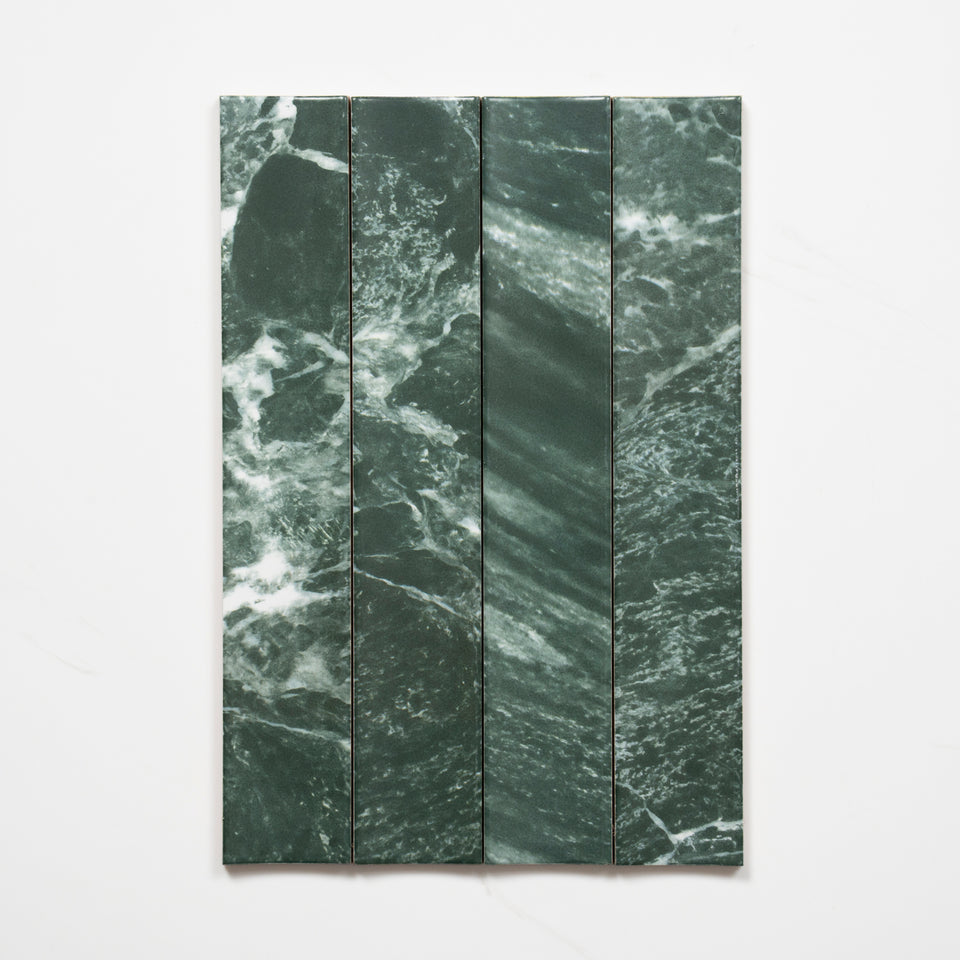 Matrix Green Marble Look Satin Porcelain Concave Subway Tile 50mm x 300mm