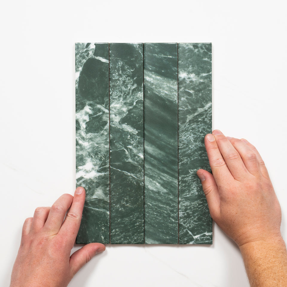 Matrix Green Marble Look Satin Porcelain Concave Subway Tile 50mm x 300mm