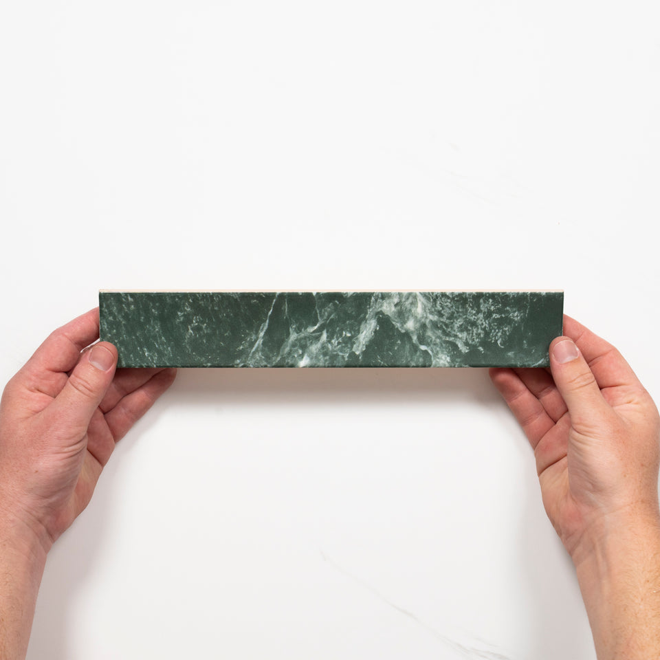 Matrix Green Marble Look Satin Porcelain Concave Subway Tile 50mm x 300mm