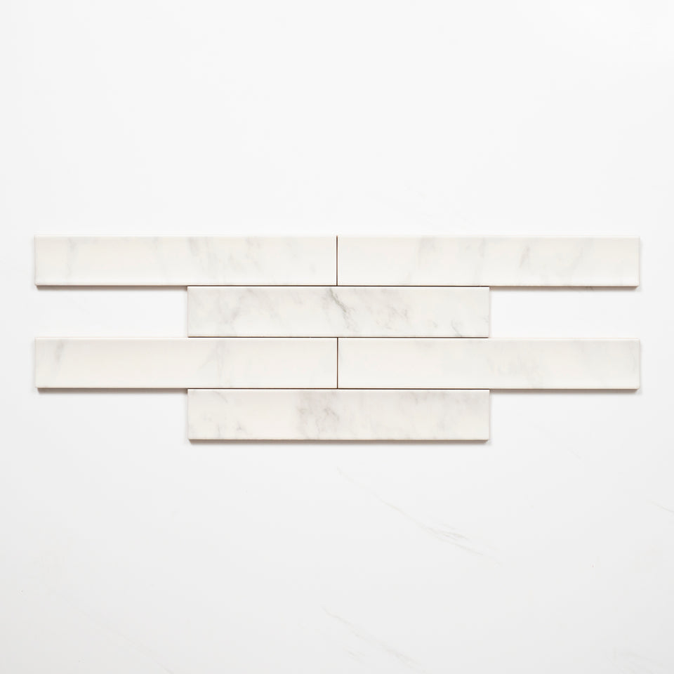 Matrix White Marble Look Satin Porcelain Concave Subway Tile 50mm x 300mm