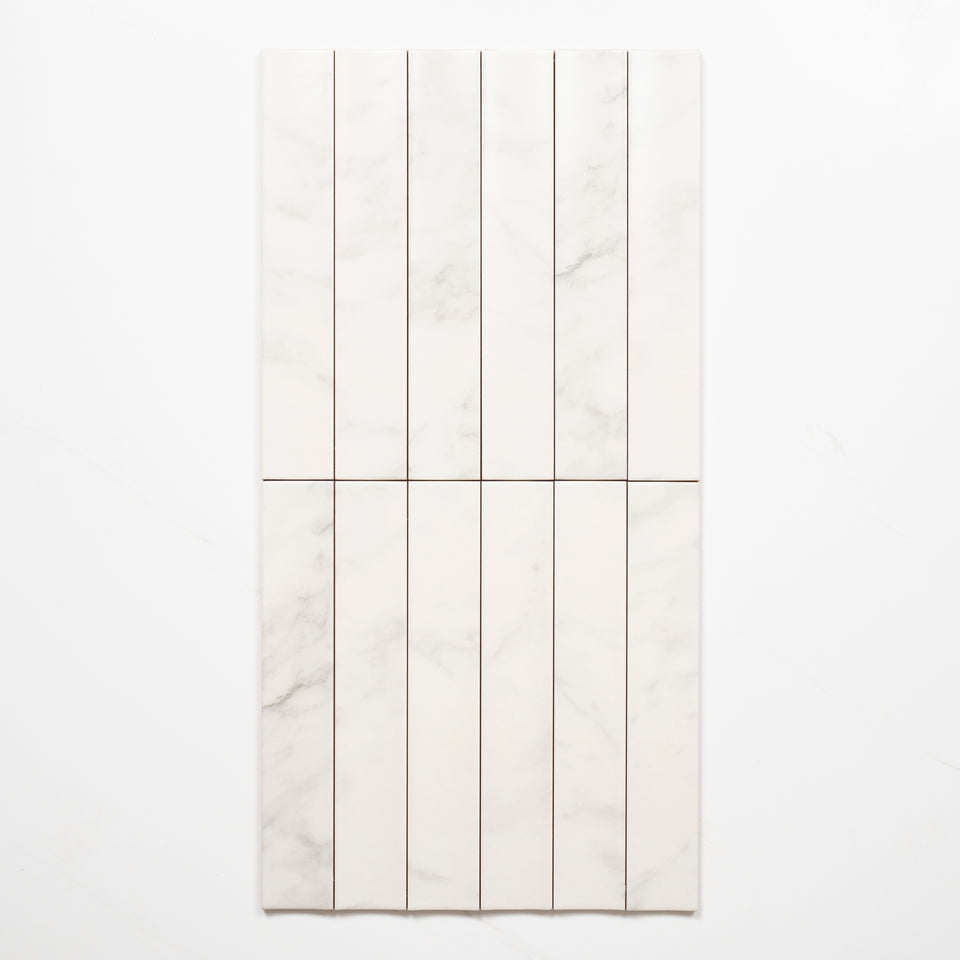 Matrix White Marble Look Satin Porcelain Concave Subway Tile 50mm x 300mm