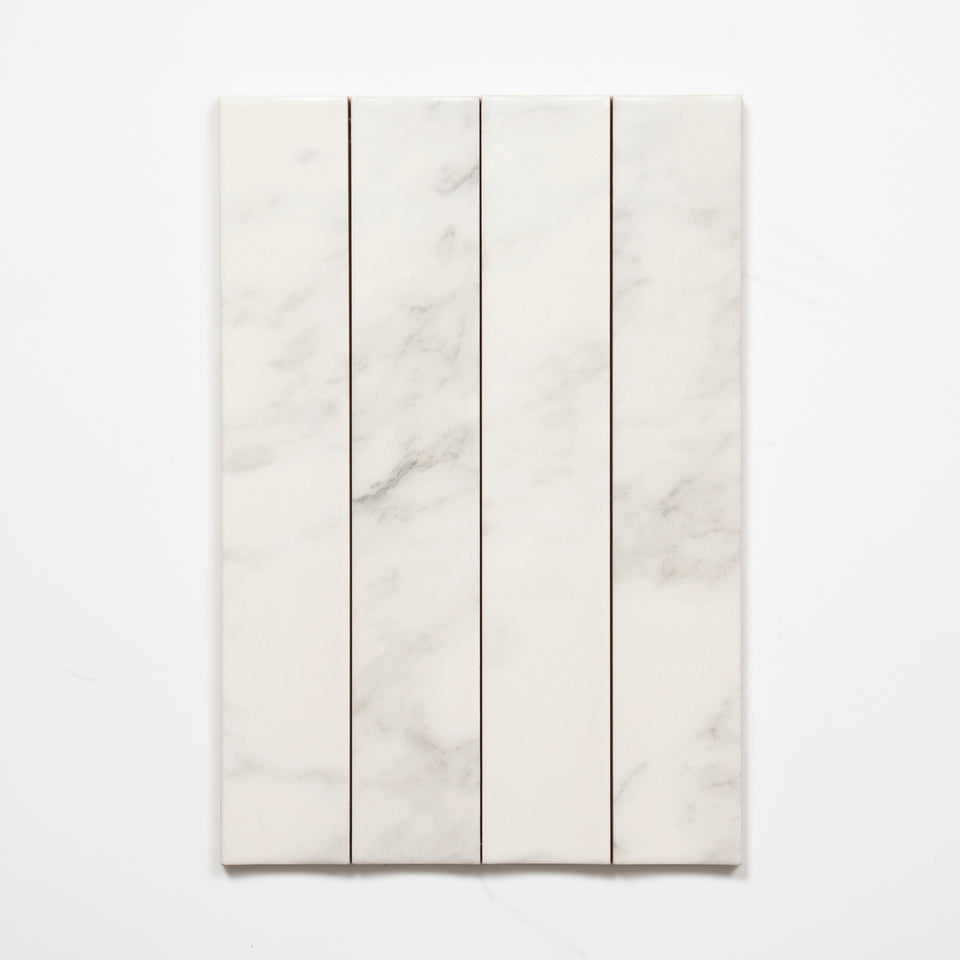 Matrix White Marble Look Satin Porcelain Concave Subway Tile 50mm x 300mm