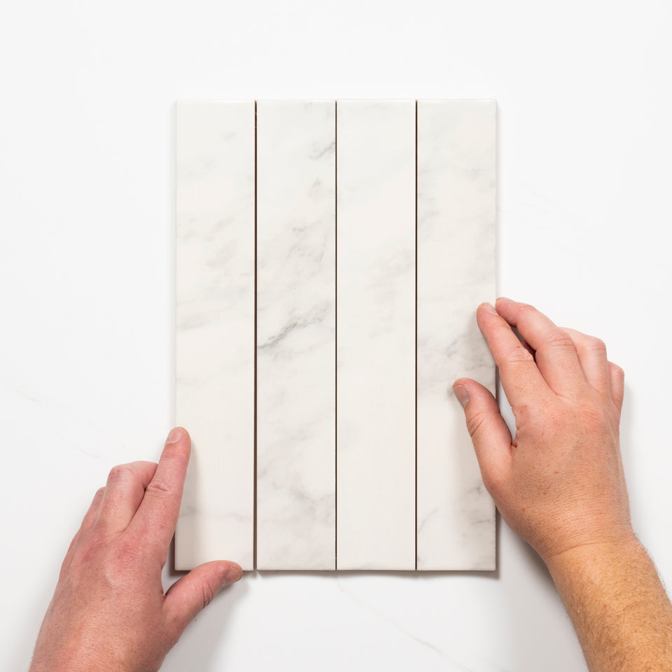 Matrix White Marble Look Satin Porcelain Concave Subway Tile 50mm x 300mm