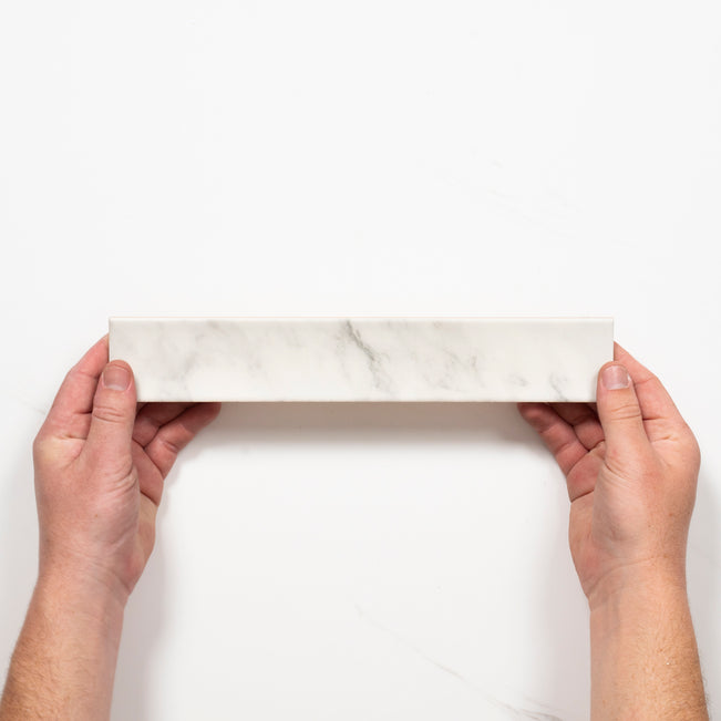 Single with Hand Matrix White Marble Look Satin Porcelain Concave Subway Tile 50mm x 300mm AMIWHS13 - The Blue Space