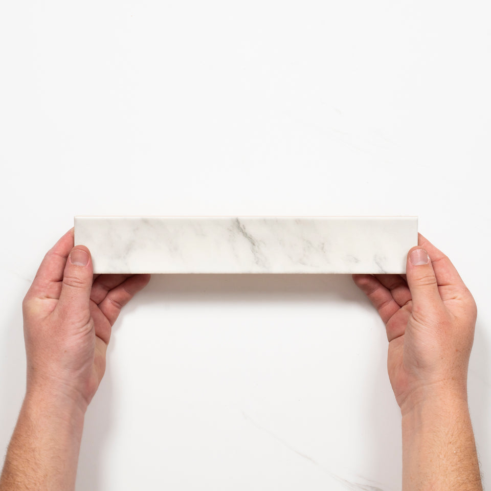 Matrix White Marble Look Satin Porcelain Concave Subway Tile 50mm x 300mm