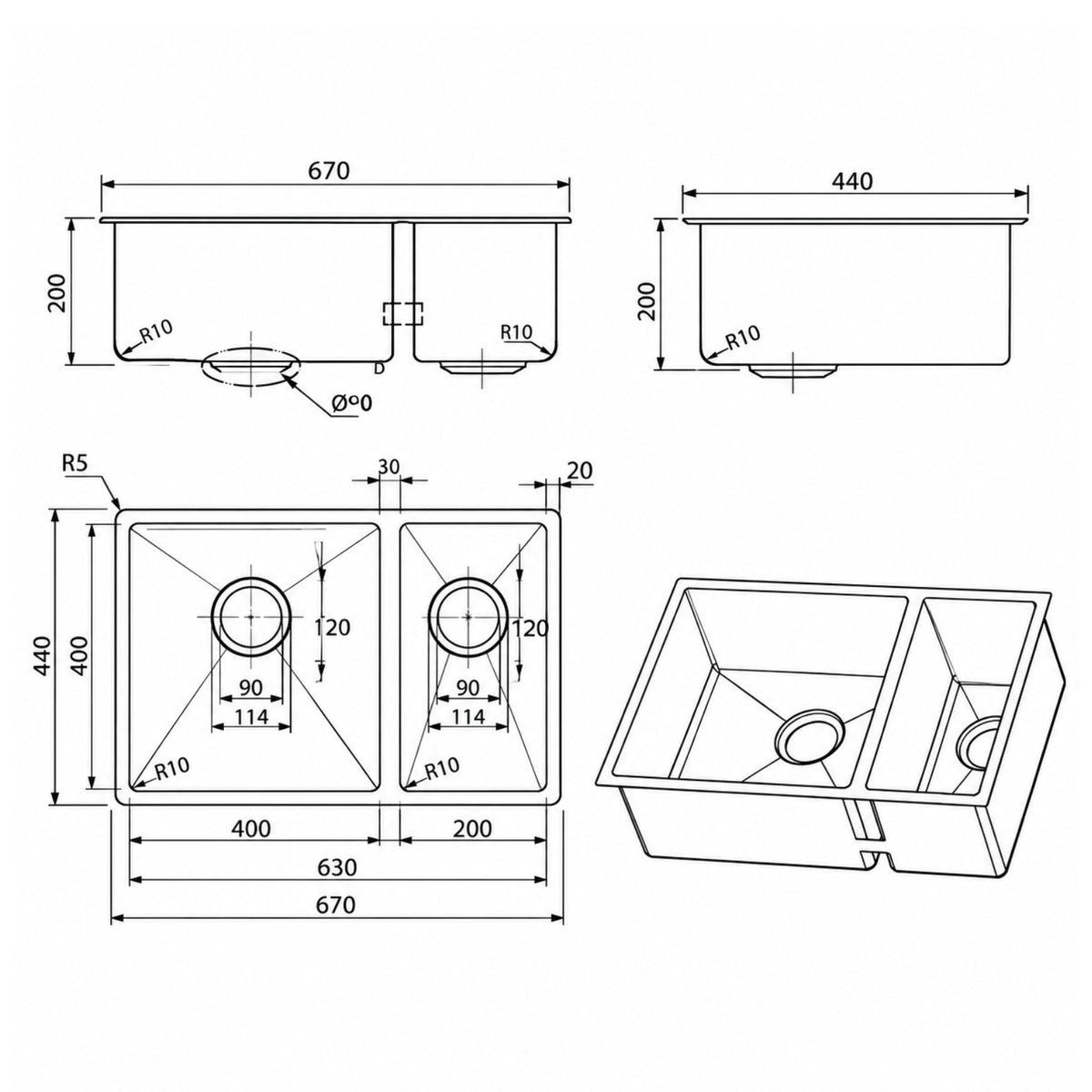 Line Drawing Meir 1.5 Bowl PVD Kitchen Sink 670mm - Tiger Bronze  MKSP-D670440-PVDBB - The Blue Space