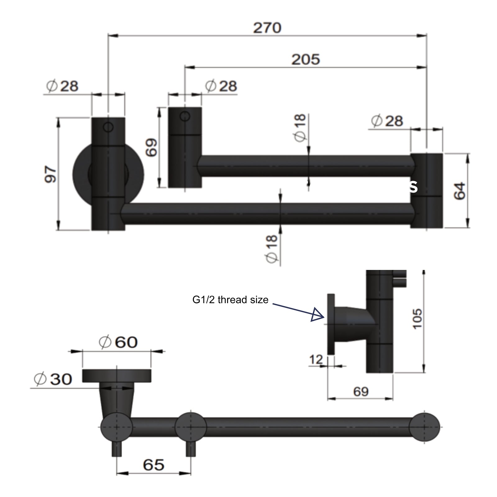 Technical Drawing Meir Kitchen Pot Filler - Lustre Bronze MK21-PVDBZ - The Blue Space