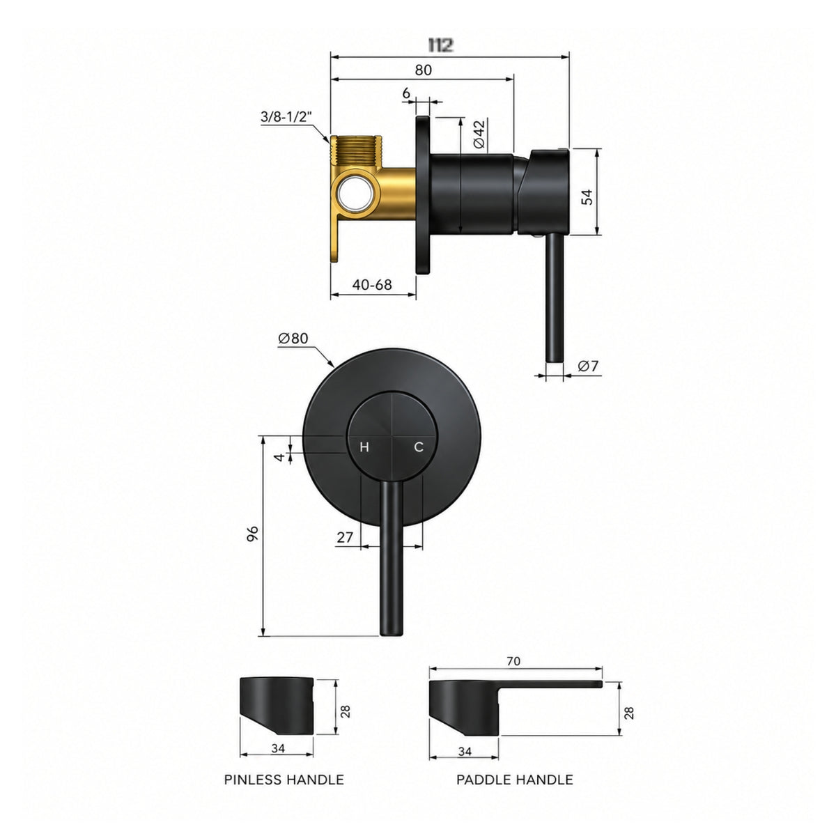 Line Drawing Meir Paddle Round Wall Mixer Matte Black MW03PD_KIT - The Blue Space