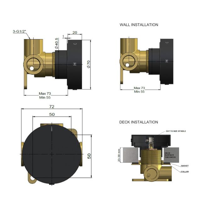 Technical Drawing Meir Progressive Mixer (In-Wall Body and Trim Set) Champagne MW18-CH - The Blue Space