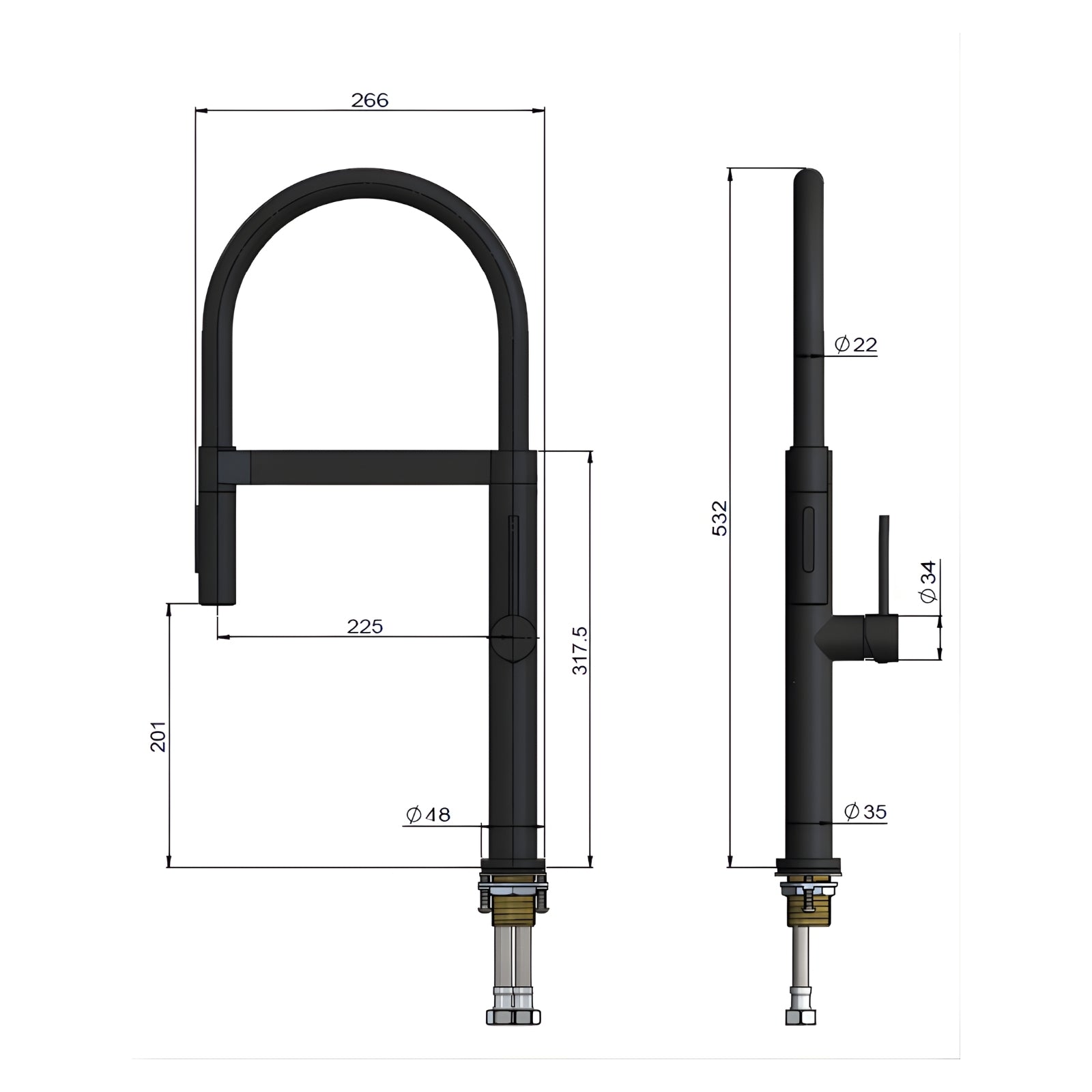 Technical Drawing Meir Pull Down Kitchen Mixer with Magnetic Dock - Champagne MK19-CH - The Blue Space