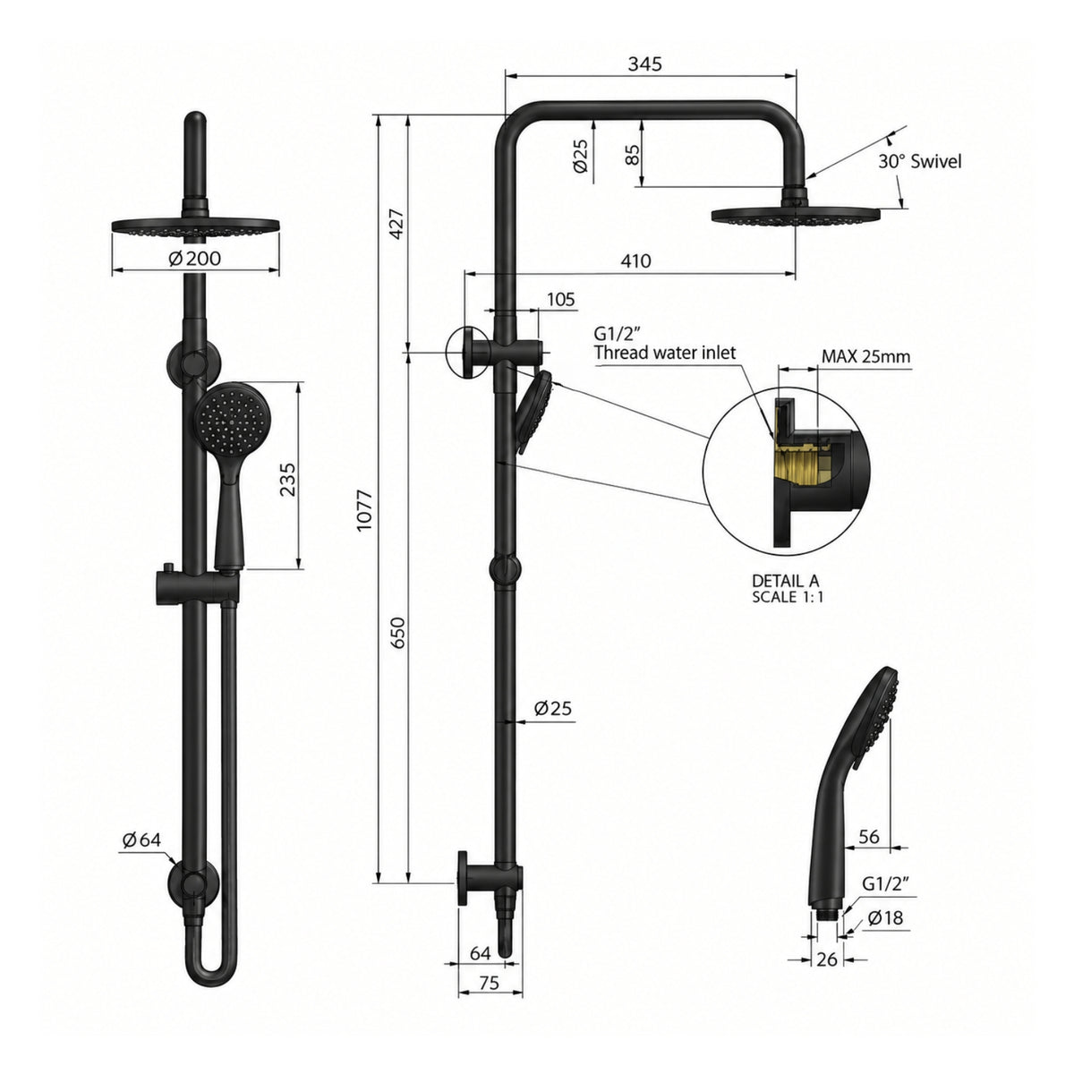 Line Drawing Meir Round Combination Shower Rail 200mm, 3 Function Hand Shower Lustre Bronze MZ0704-PVDBZ - The Blue Space