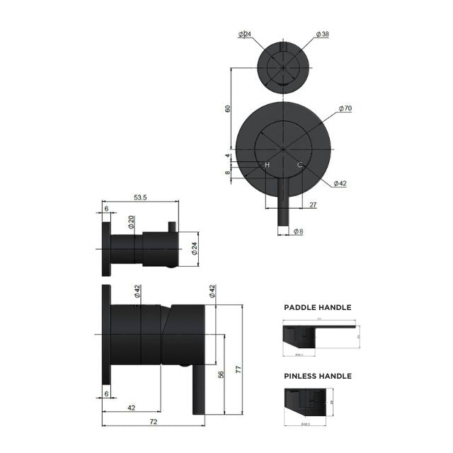 Technical Drawing Meir Round Diverter Mixer Paddle Handle Brushed Nickel Trim Kit MW07TSPD-FIN-PVDBN - The Blue Space