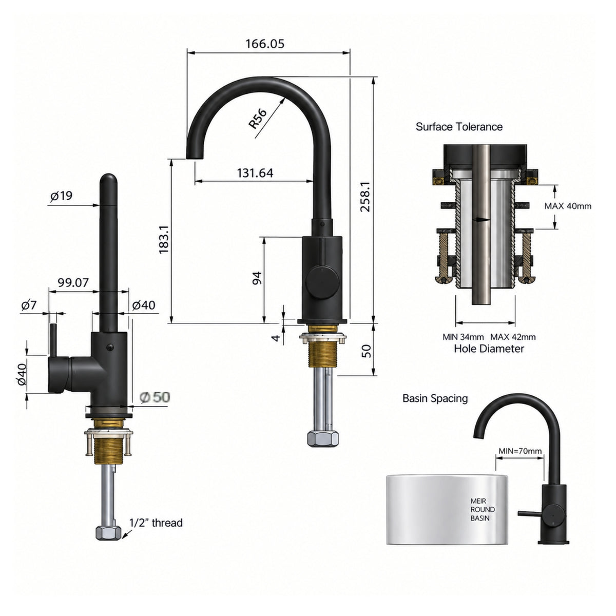 Line Drawing Meir Round Gooseneck Basin Mixer with Cold Start Lustre Bronze MB17-PVDBZ - The Blue Space