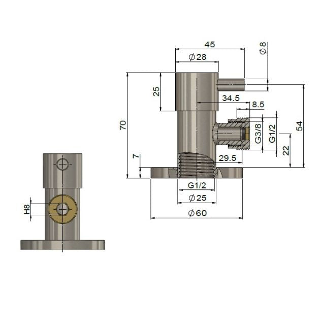 Technical Drawing Meir Round Mini Stop Cistern Tap Matte Black MP11PN - The Blue Space