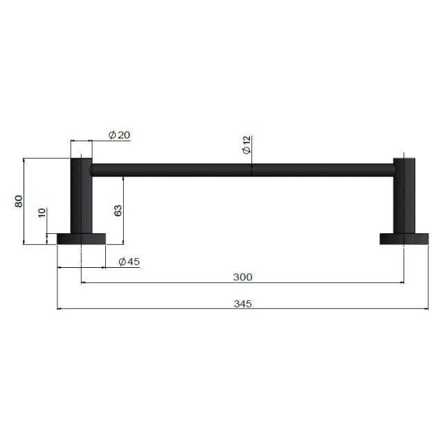 Technical Drawing Meir Round Single Towel Rail 300mm Matte Black MR01-SR30 - The Blue Space
