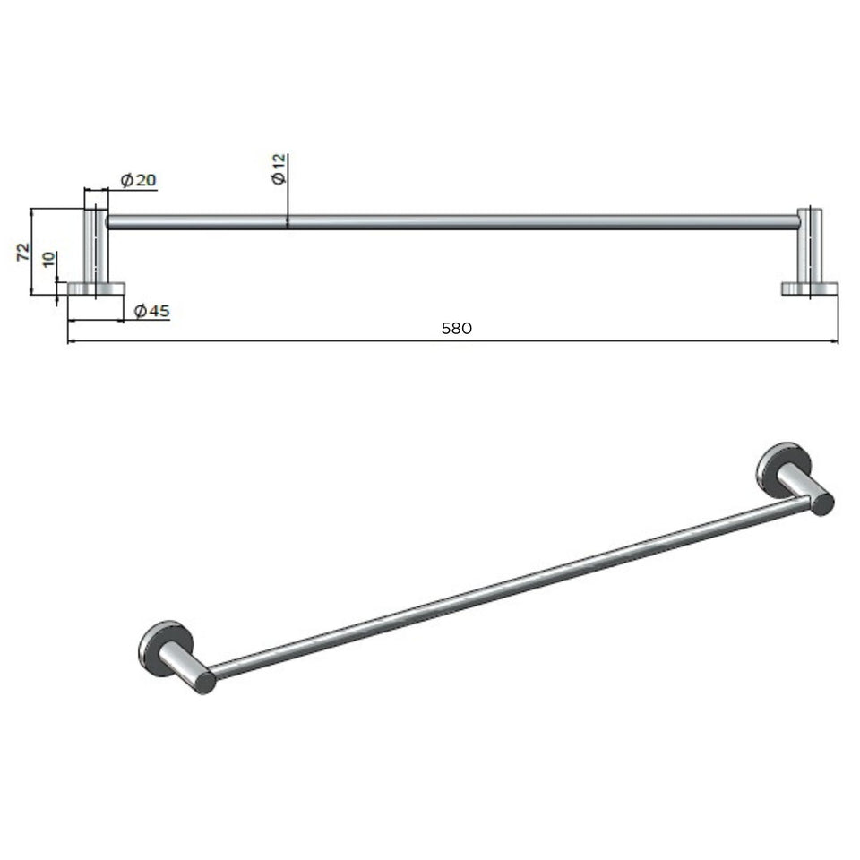 Meir Round Single Towel Rail 600mm Brushed Nickel