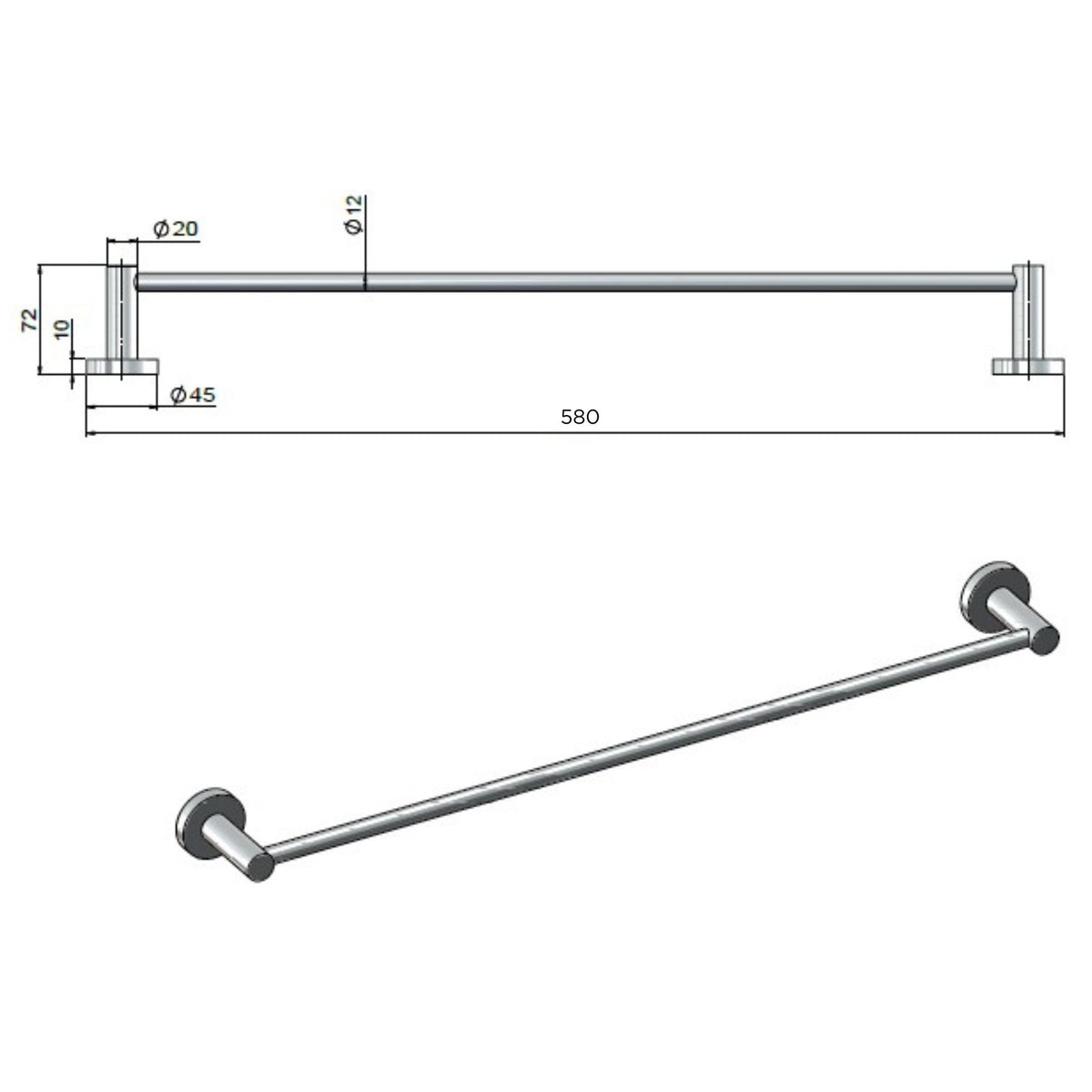 Technical Drawing Meir Round Single Towel Rail 600mm Lustre Bronze MR01-SR60-PVDBZ - The Blue Space