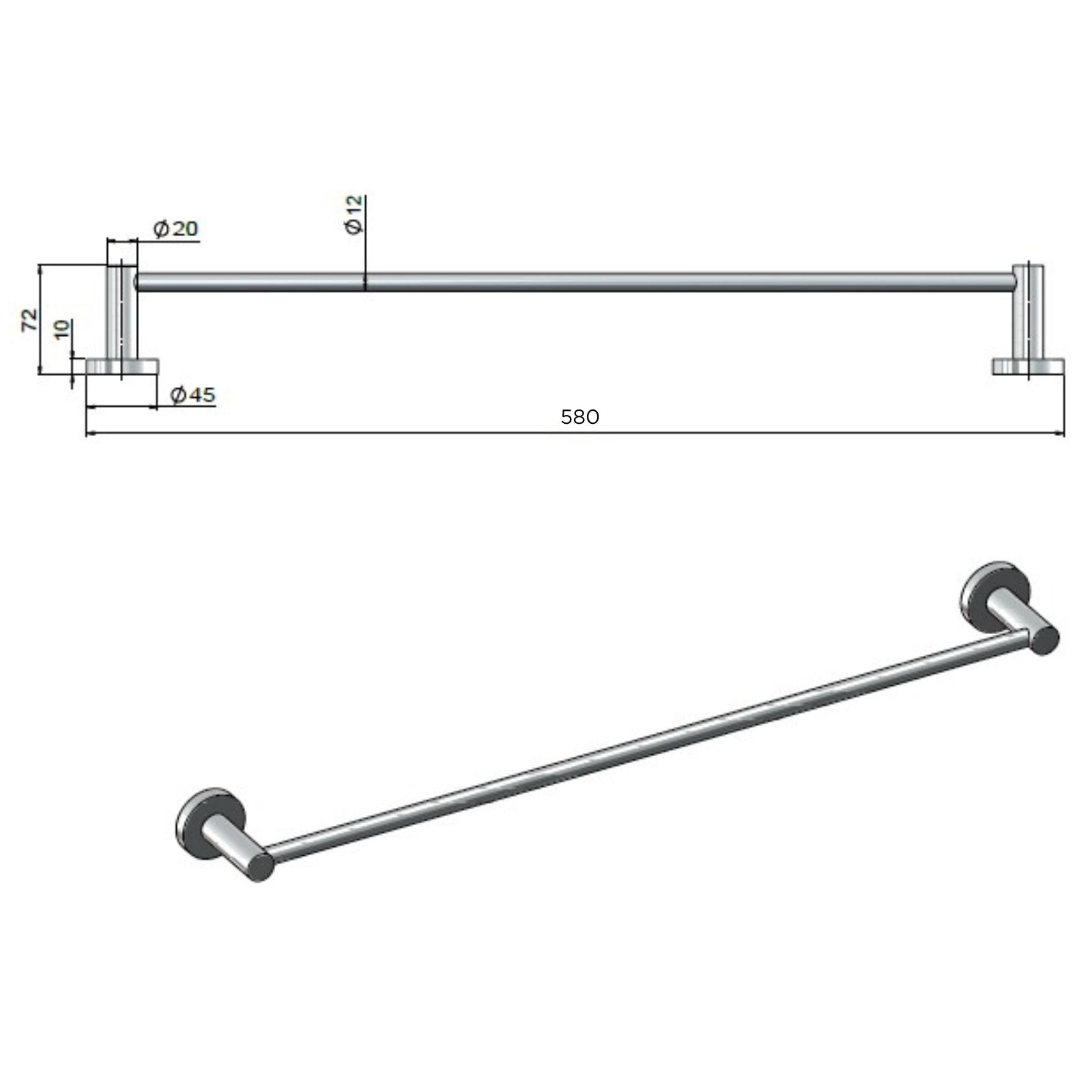 Technical Drawing Meir Round Single Towel Rail 600mm Matte Black MR01-SR60 - The Blue Space