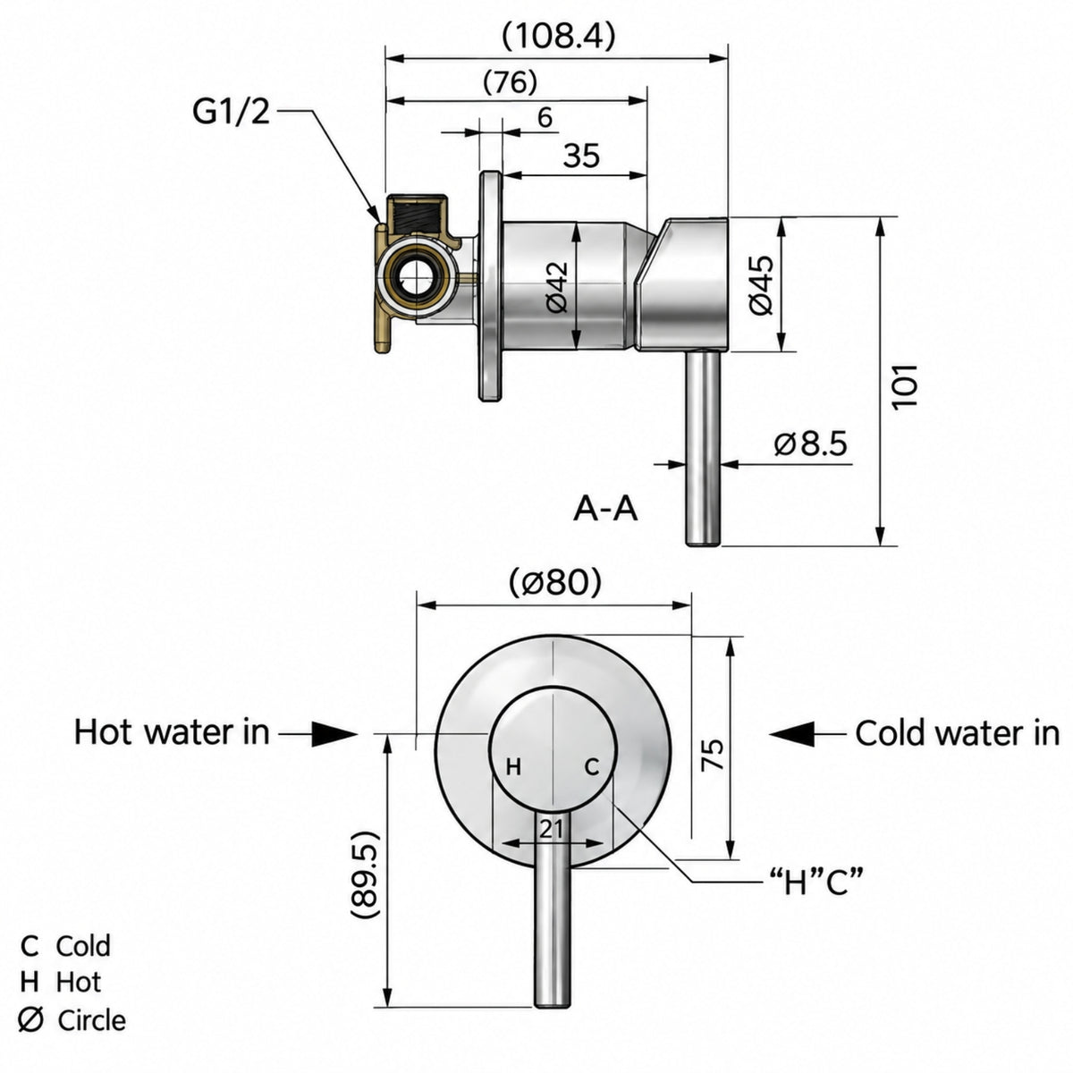 Line Drawing Meir Round Wall Mixer - Champagne MW03-CH_KIT - The Blue Space