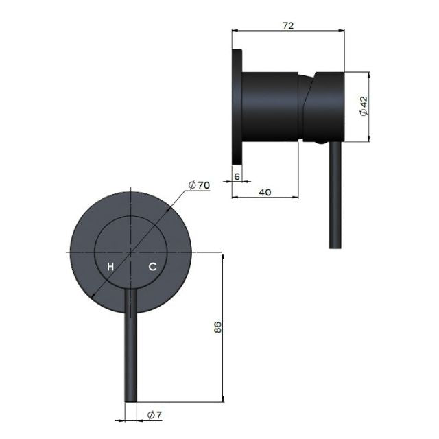 Technical Drawing Meir Round Wall Mixer Champagne Trim Kit MW03-FIN-CH - The Blue Space