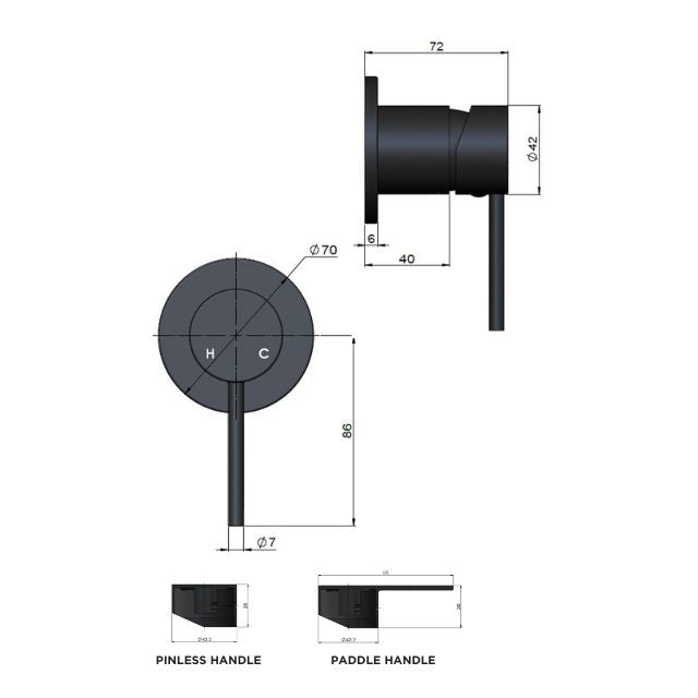 Technical Drawing Meir Round Wall Mixer Pinless Handle Champagne Trim Kit MW03PN-FIN-CH - The Blue Space